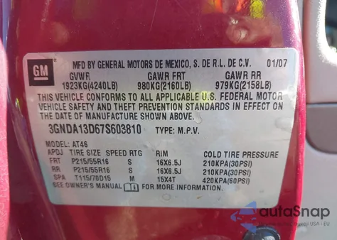 2007 Chevrolet Hhr Ls from USA, damaged, VIN 3GNDA13D67S603810